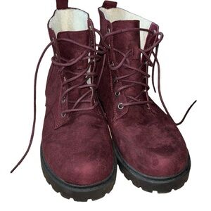 Divided Burgundy Faux Fur Combat Boots, Size 40